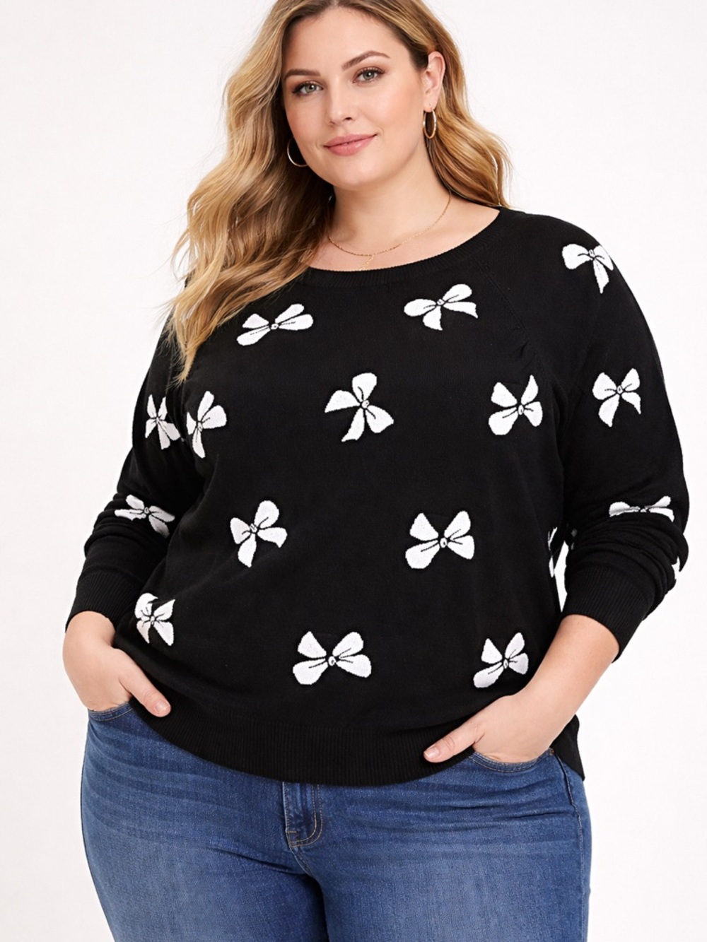 torrid Black Crewneck Sweater with White Bow Motif
